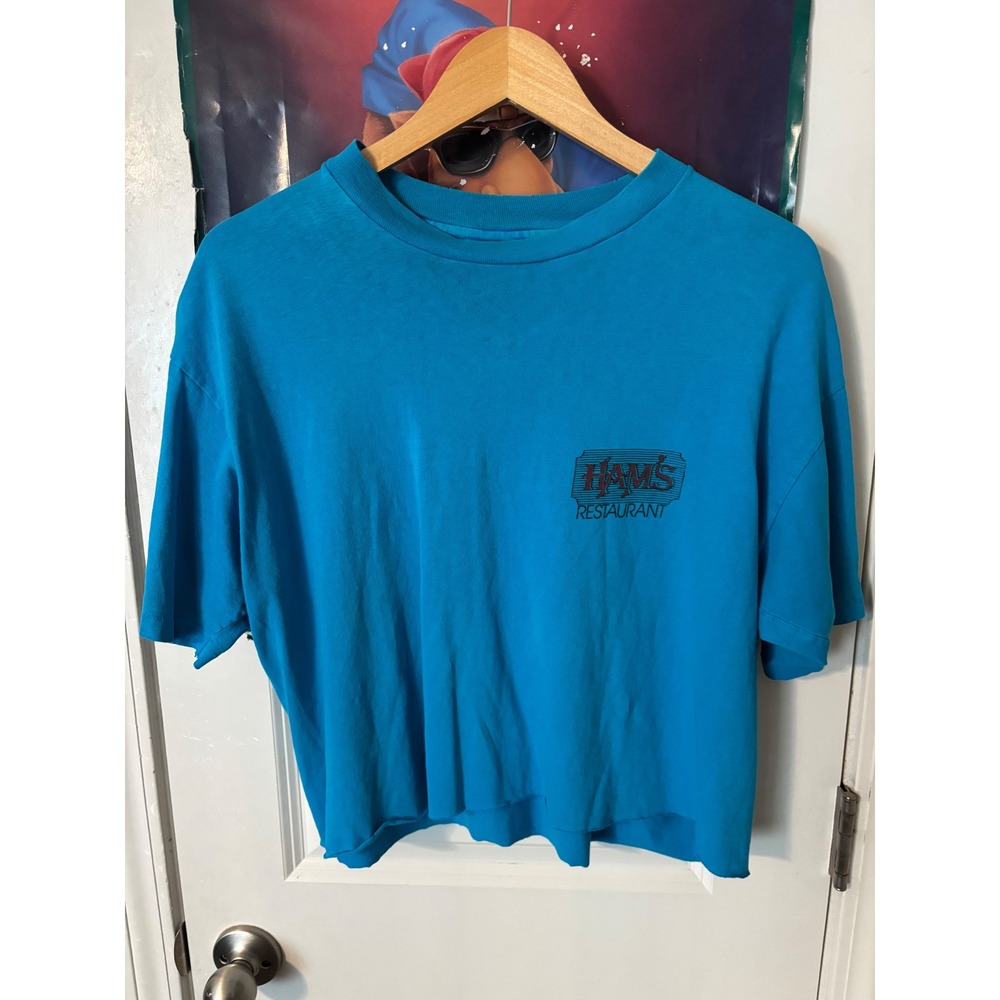 Vintage Hanes Beefy T Hams Restaurant Cropped Graphic Tee Blue XL Single Stitch